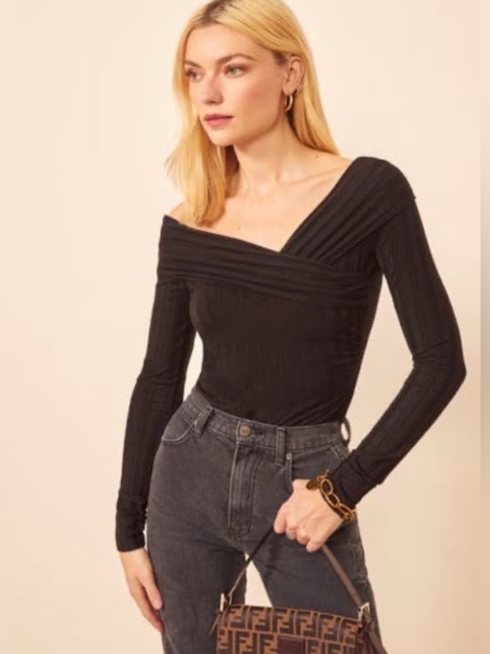 Reformation Viper Black Off-Shoulder Ribbed Bodysuit